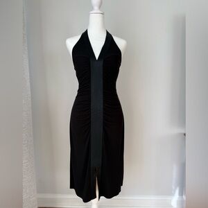 BCBG Max Azria Black Halter Dress Ruched Front Silk Trim Size S